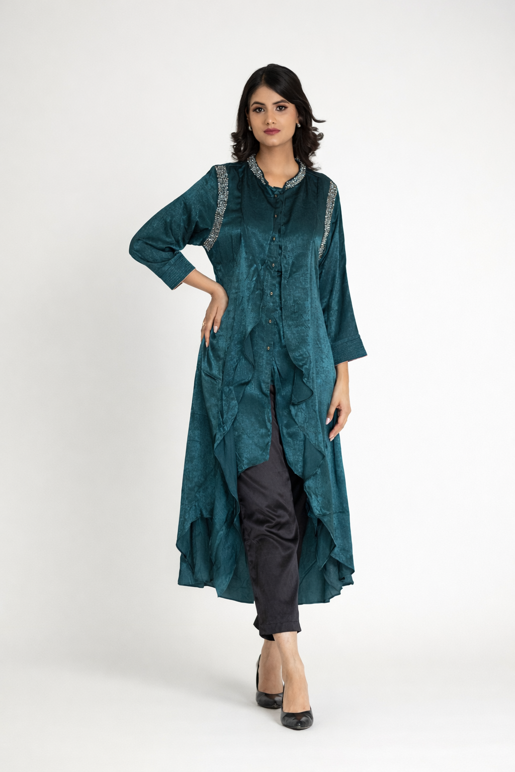 Teal Green Hand Embellished Ruffle Kurta